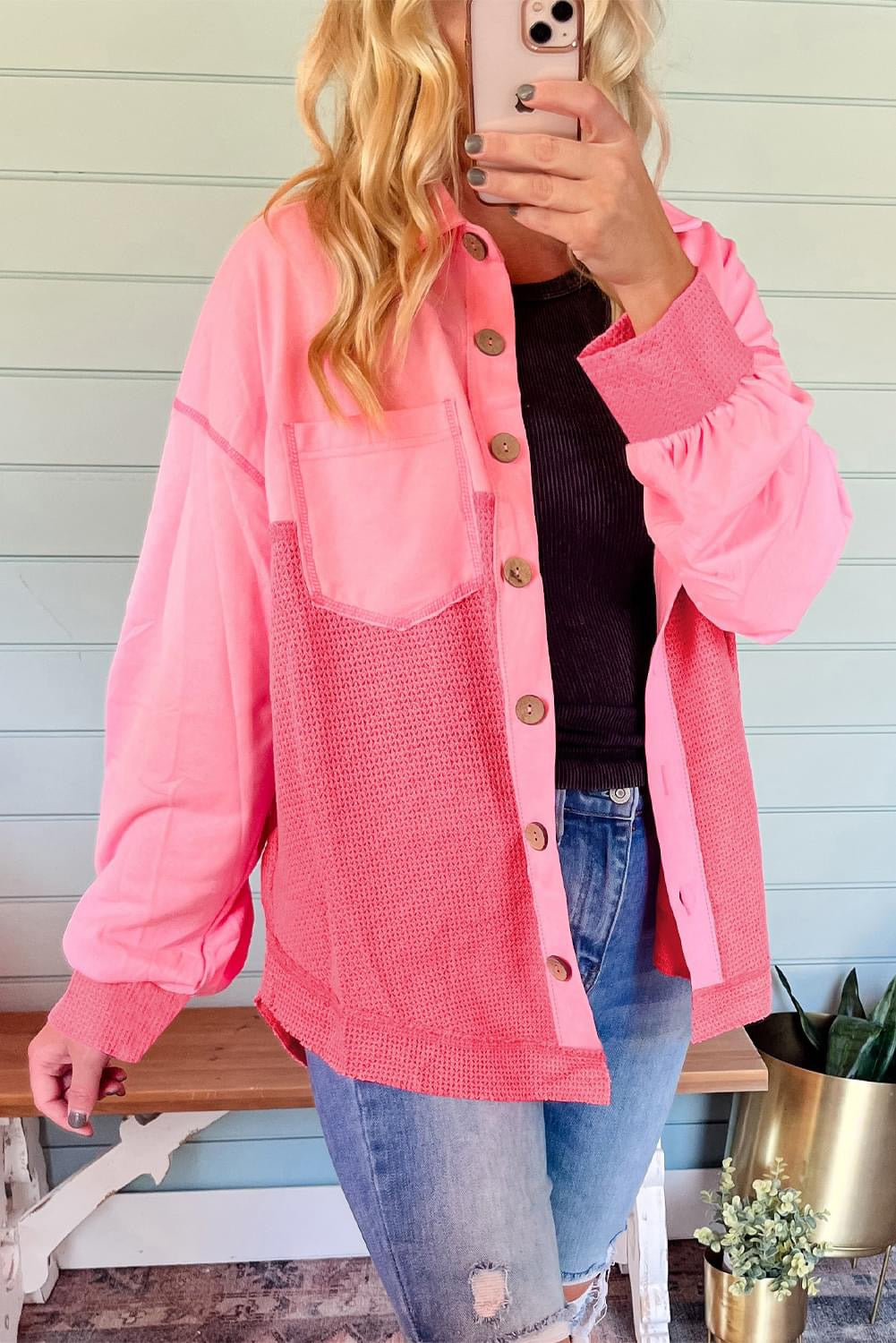 Pink Waffle Knit Patchwork Shacket