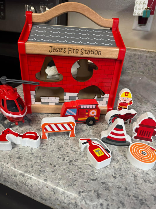 Wooden Fire Station Shape Sorter