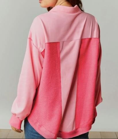 Pink Waffle Knit Patchwork Shacket