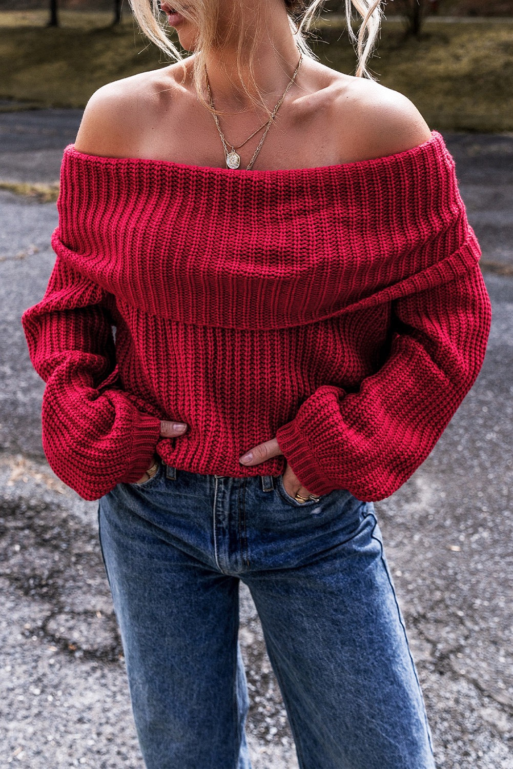 Red Off the Shoulder Sweater RTS