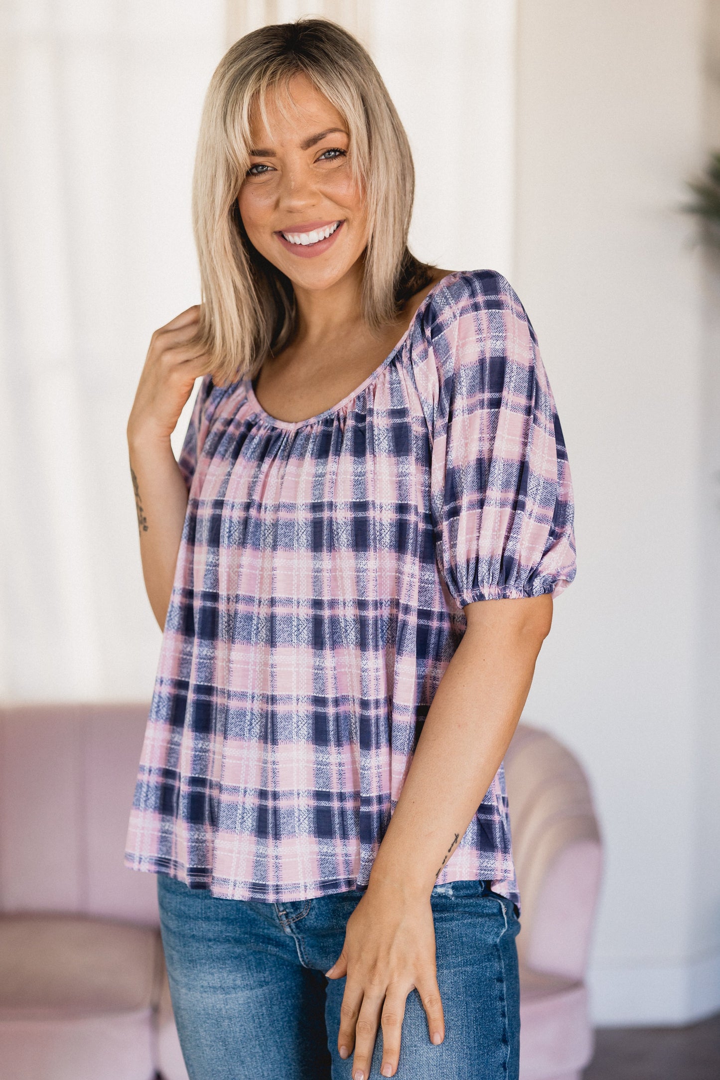 Pinkin' in Plaid - Puff Sleeve