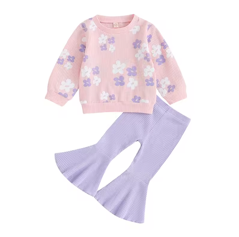 Pink Purple Flower Waffle Knit Bell Set