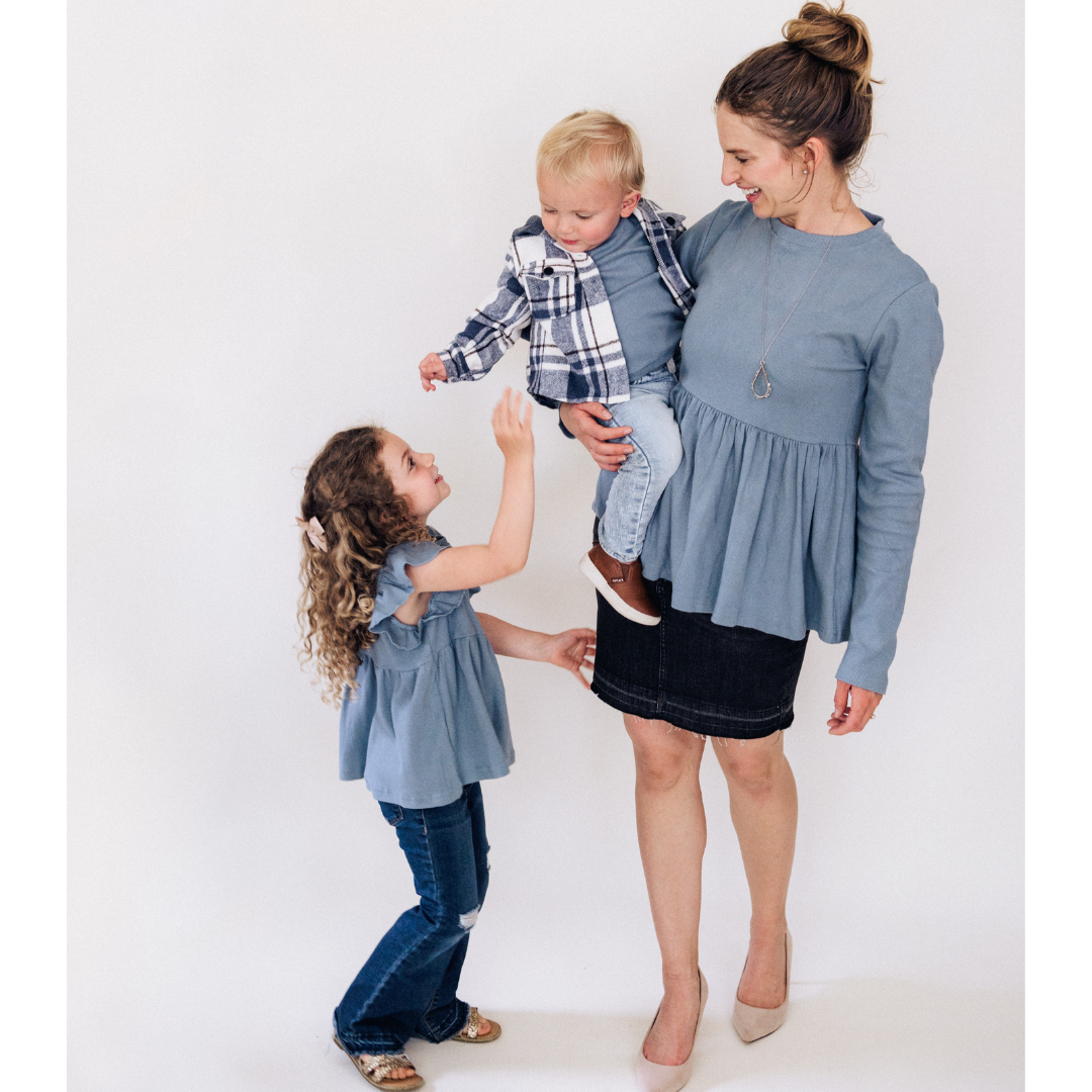 Dusty Blue Ribbed Peplum Top - Girl's