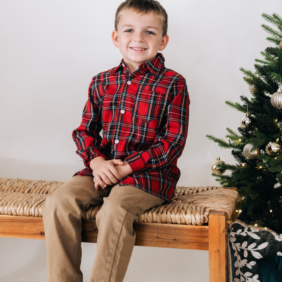 Christmas Red Tartan Plaid Button Up Shirt - Boy's