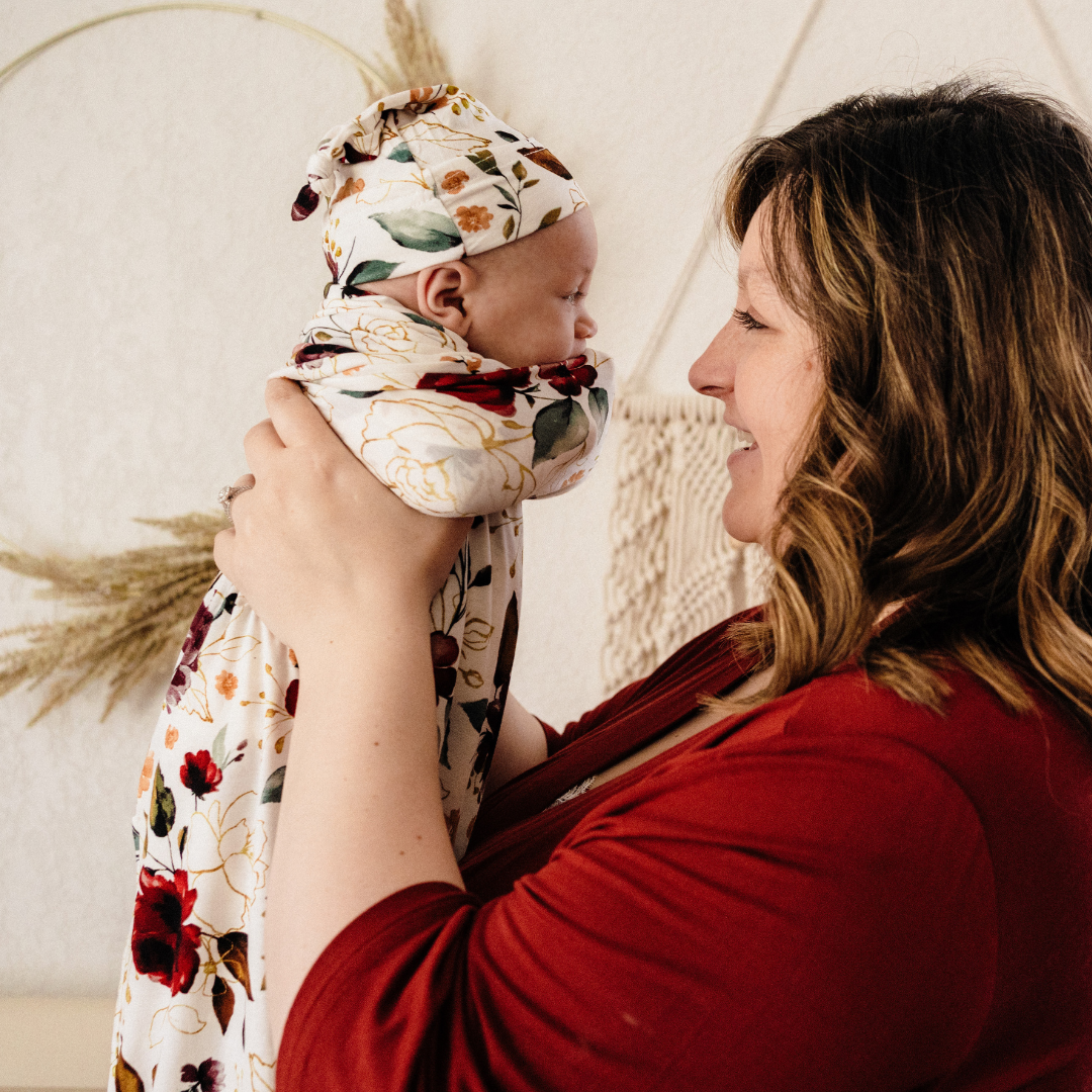 Brick Red Maternity Delivery Gown & Red Rose Swaddle