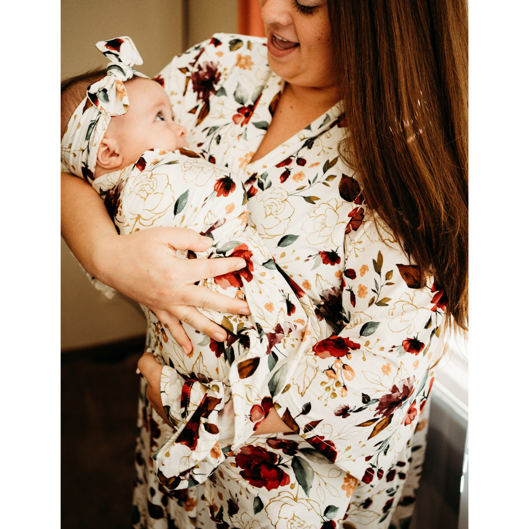 Red Rose Maternity Delivery Gown & Matching Swaddle